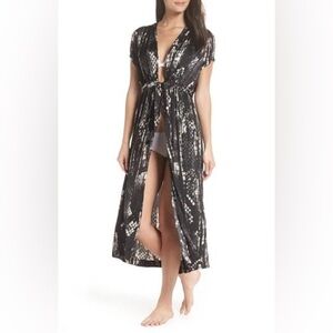 Free People Intimately So Long Tie Front Silky Robe Coverup Black Snake Print S